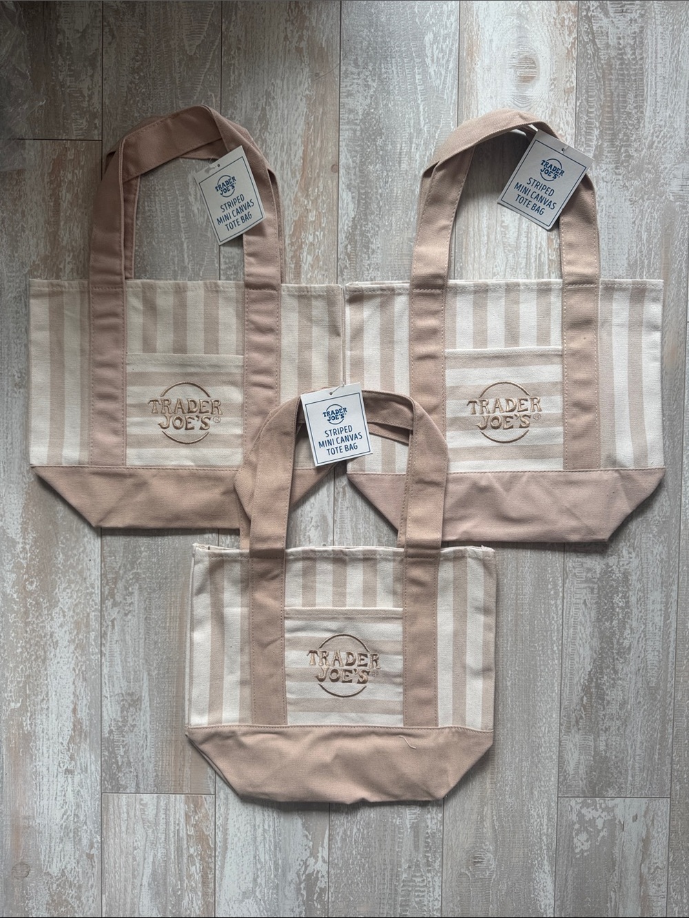 Trader Joe's Tan Striped Canvas Tote Bags - Set of 3